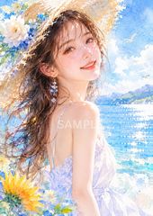 美人画　水彩画　女性イラスト 透明感あふれる夏の輝き｜水彩画風 美人イラスト 海辺の女性アート
