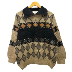 ヴァレンティノ ガラヴァーニ VALENTINO GARAVANI ニット セーター ウール混 ハーフジップ ノルディック柄 長袖 48 ベージュ 紺 ネイビーのサムネイル