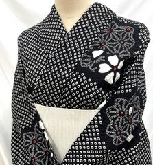 有松絞り】浴衣 絞り 美品 黒系 有松鳴海絞り 逸品 身丈158.5 裄 65