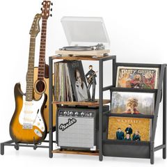 VINAEMO Record Rack, Guitar Stand, 3-Tier Record Shelf, Holds 200 Records, Suitable for Storing Records, Record Players, Speakers, and Audio Equipment, Large Capacity Electric Guitar Stand, Compatible with Acoustic Guitars/Ukuleles/Basses/Wind Instruments fe816aea