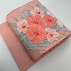着物-夏帯24【名古屋帯 正絹】【未使用品】椿文様 ピンクしつけ付き