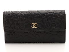 CHANEL シャネル カメリア二つ折り長財布 ブラック/GP ラムスキン 