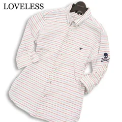 LOVELESS ラブレス 春夏 スカル刺繍★ 七分袖 ボーダー 麻 リネン シャツ Sz.3 メンズ 白のサムネイル