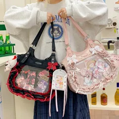 推し活に最適♪ フリルレース付き ハーフムーン型 痛バッグ 大容量 トートバッグ アクスタ・缶バッジ・トレカ収納 ライブ・イベントのサムネイル
