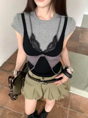 夏 レース切り替え 半袖Tシャツ 細見え レディース トップス
