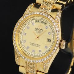 稼働品 ELGIN メンズ 腕時計 デイデイト ラインストーン 電池交換済