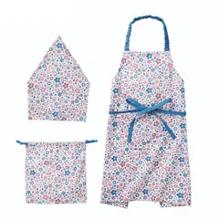 エプロン キッズ 3点セット リサ ブルー 三角巾 巾着 子供用 小学生 かわいい 調理実習   綿100％ バンダナ コットン 男の子 おしゃれ 女の子 入学 入園 準備 家庭科 キッズエプロン セット 子供 KIDS コンパクト 持ち運び お手伝い
