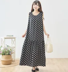 ドット柄 ノースリーブ マキシワンピース レディース ロング ワンピース 大人 夏 春夏 フレア シフォン風 体型カバー M L ブラック 黒 ドレス オフィス