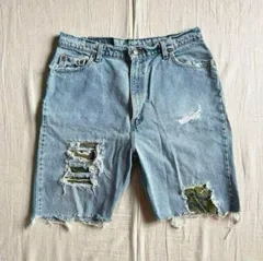 希少　90s　vintage　1997年　MADE IN USA　米国・アメリカ製　Levi's 512　迷彩　カモフラージュ柄布地パッチワーク　ダメージデニム　ハーフパンツ　ショーツ　裾カットオフ　M～L相当　腰パッチ　一点物　Y2K　パンキッシュ　グランジ