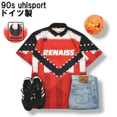 90s ヴィンテージ ドイツ製 ウールシュポルト uhlsport サッカー フットボール ゲーム シャツ ユニフォーム L 総柄 レッド x ブラック レトロ クラシック スポーツ ウェア メンズのサムネイル