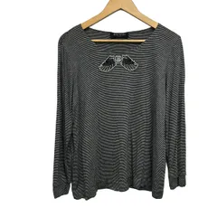 BALMAIN(バルマン) 長袖カットソー サイズ13+ S レディース美品  - 黒×グレー ボーダー/ラインストーン/フェザー(羽)のサムネイル