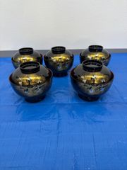 会津塗 漆器 金彩 蒔絵 桜鈴紋 お吸物椀 雑煮椀 汁椀 お椀 5客 未使用