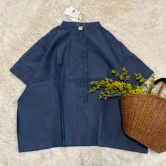 新品 フリルブラウス カラーデニム コットン ネイビー M〜Lのサムネイル