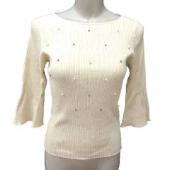 プロポーション ボディドレッシング PROPORTION BODY DRESSING ニット カットソー フレアスリーブ ラインストーン パール 七分袖 3 L アイボリー 白 ホワイト /YK