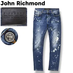 イタリア製 ジョン リッチモンド John Richmond ブリーチ 加工 スキニー ストレッチ デニム パンツ ボタンフライ 5ポケット スタッズ シルバー アクセサリー 装飾 IT 45 インディゴ メンズのサムネイル