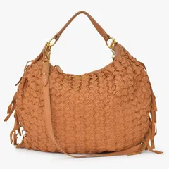 極美品 MIU MIU ミュウミュウ イントレチャート2Wayレザーショルダー フリンジホーボーバッグ ブラウン ラムスキン レザー ゴールド金具 MIU121031C 中古 4a002109のサムネイル
