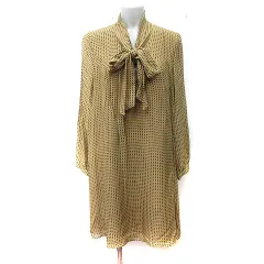 ティビ tibi ワンピース ひざ丈 ボウタイ リボン シフォン 総柄 長袖 絹 シルク 2 M 黄色 イエロー 黒 ブラック /YIのサムネイル
