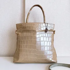 JRAチャーム付き✨️ クロコダイル 2way ハンドバッグ 特大 ゴールドカラー ベージュ センター マット 裏地スエードのサムネイル