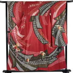 【美品】 振袖 身丈154cm 裄丈63cm S 袷 花扇 熨斗 刺繍 絞り 濃ピンク 正絹 秀品 【中古】