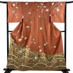 訪問着 身丈157cm 裄丈64.5cm M 袷 菊 蝶 金糸 金彩 オレンジ 正絹 秀品 【中古】のサムネイル