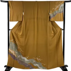 【美品】 訪問着 身丈162.5cm 裄丈64.5cm M 袷 草花 道長取り 刺繍 絞り 黄土色 正絹 優品 【中古】のサムネイル