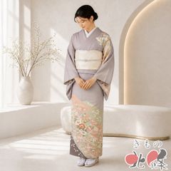紬 着物 中古 正絹 袷 カジュアル 市松模様 反端付き 薄茶系色 多色 