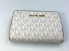 マイケルコース MICHAEL KORS 二つ折り財布 シグネチャー ホワイト グレー ゴールド金具 L字ファスナー パスケース付き 定期入れ コンパクト財布 ミニウォレット レディース