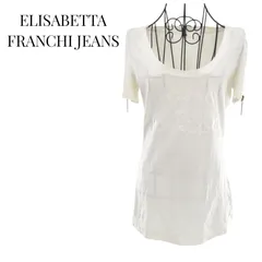 ELISABETTA FRANCHI JEANS エリザベッタフランキ ジーンズ 半袖デザインカットソー 肩ファスナー ホワイト サイズ40 プリントのサムネイル