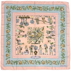エルメス HERMES スカーフ カレ90 Les Jardiniers du Roy 庭師のロイ レディース ブランド シルク ピンク ライトブルー マルチカラー 大判 【中古】