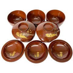 木製漆器 汁椀 吸物椀 朱色 骨董 9客 金蒔絵 金縁 朱蒔 アンティーク