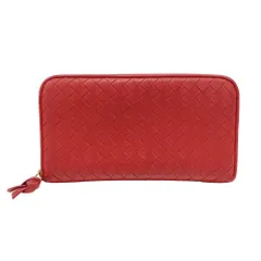 ボッテガ・ヴェネタ BOTTEGAVENETA 財布 レディース ブランド イントレチャート 長財布 レザー レッド ラウンドファスナー 編み込み おしゃれ 無地 【中古】