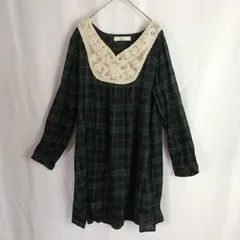 M1-03411【Women】 ikka (イッカ) ワンピース 長袖 襟元ラメ入りレース (M) / 緑 チェック柄  K-春秋のサムネイル