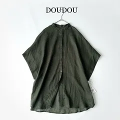 タグ付 2025 DOUDOU シアーリネンシャツ リネン100% / カーキ フリーサイズ /ドゥドゥ  近年モデル 春 夏 バンドカラー リネンシャツ スタンドカラーのサムネイル