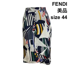 ●□ 美品 フェンディ FENDI セミタイトスカート ラップ風 プリント 幾何学模様 タグ付き  白ネイビー 他 絹 44 S～M レディース Z6C768のサムネイル