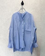 美品 マカフィー バックギャザー タック ロングシャツ ストライプ 