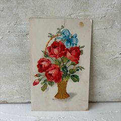 French Antique Rose and Blue Ribbon Postcard | Rose Flower Basket Panier French Shabby Chic Paper Goods