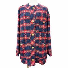 極美品△GUCCI グッチ 674336 GGロゴボタン チェック柄 ノーカラー ツイード ジャケット ネイビー レッド 42 イタリア製 正規品 レディース ハンガー付きのサムネイル