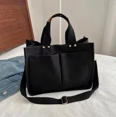 トートバッグ レディース キャンバス 2WAY ショルダーバッグ 大容量 多収納 多ポケット 斜め掛け 肩掛け 軽量 通勤 通学 マザーズバッグ A4収納 シンプル おしゃれ ブラックのサムネイル