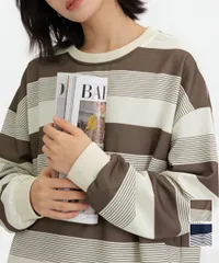 【即納】 ボーダー柄Ｔシャツカットソープルオーバー レディース 長袖Ｔシャツ 大きいサイズ 丸首 春秋薄手トップス 体型カバー 着やせ服 クルーネック プルオーバーおしゃれ1102