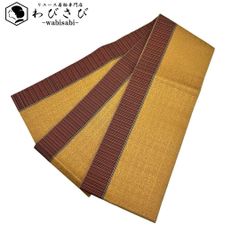 超美品 半幅帯 正絹 現代 着物 本場 黄八丈 302 山吹色 赤茶 ブロック