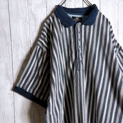 レトロ 古着 麻100％ 薄手ポロシャツ 透け感 ボーダー 半袖メンズL 青 