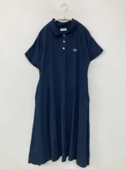 LACOSTE ラコステ ワンピース 34 ネイビー コットン 無地 ワンポイント ブランドロゴ 半袖 ひざ丈 ミモレ・半端丈 ロング・マキシ丈 フレア レディース