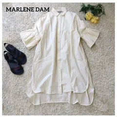 ほぼ美品　MARLENE DAM　マーレンダム　シャツワンピース　ビッグシャツ　シャツチュニック　羽織　ベージュ系　アイボリー系　フレアスリーブ　百貨店　婦人服　コットン87%　シルク13%　大きい　Lサイズ　ゆったり　レディースのサムネイル