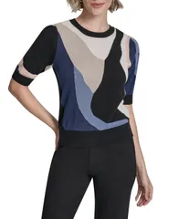 ダナキャラン レディース アウター ニット・セーター クルーネック カラーブロック DKNY by Donna Karan Colorblock Crew Neck Short Sleeve Topのサムネイル
