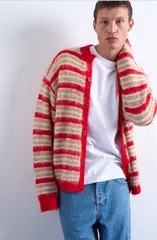 トップマン メンズ アウター パーカー・スウェット クルーネック カーディガン Topman Fluffy Stripe Crewneck Cardigan Red レッドのサムネイル