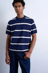 トップマン メンズ アウター パーカー・スウェット クルーネック セーター Topman Textured Stripe Short Sleeve Crewneck Sweater Navy ネイビーのサムネイル