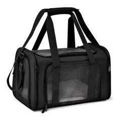 BTtime ペットキャリーバッグ 猫用キャリングバッグ 折りたたみ式 ペットキャリー 中・大型猫用・小型犬 飛び出し防止 傷防止 ベルト脱着可 洗えるマット 通気性 軽量 大容量 耐荷重6KG お出かけ／旅行／ドライブ／防災／避難用 (ブラック) 1
