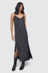 ウエアハウス レディース トップス ワンピース Warehouse Premium Stud Embellished Slip Dress Black ブラックのサムネイル