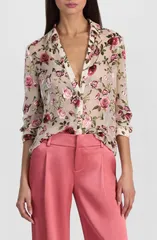 アリス アンド オリビア レディース トップス シャツ フラワー柄 シルク フラワー Alice Olivia Eloise Floral Silk ButtonUp Shirt Garden Gosのサムネイル