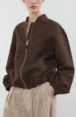 マンゴ レディース アウター ジャケット・ブルゾン コットン リネン MANGO Linen Cotton Bomber Jacket Chocolate チョコレートのサムネイル